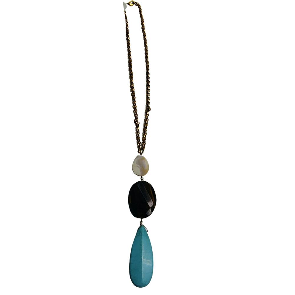 Vintage Pendant Statement Necklace Turquoise Tigers Eye MOP Gold Round Link 18In